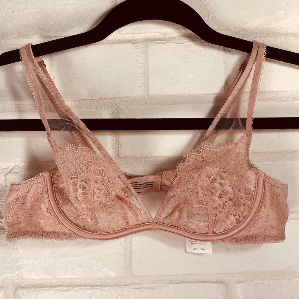 NWT Soma Breathtaking Unlined Sheer Lace Plunge Bra 34 A Adobe Rose Pink #0660